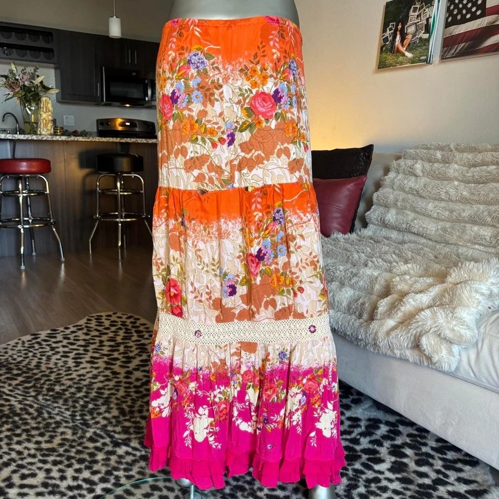Y2K Boho Floral Tiered Maxi Skirt Orange Pink 🌿